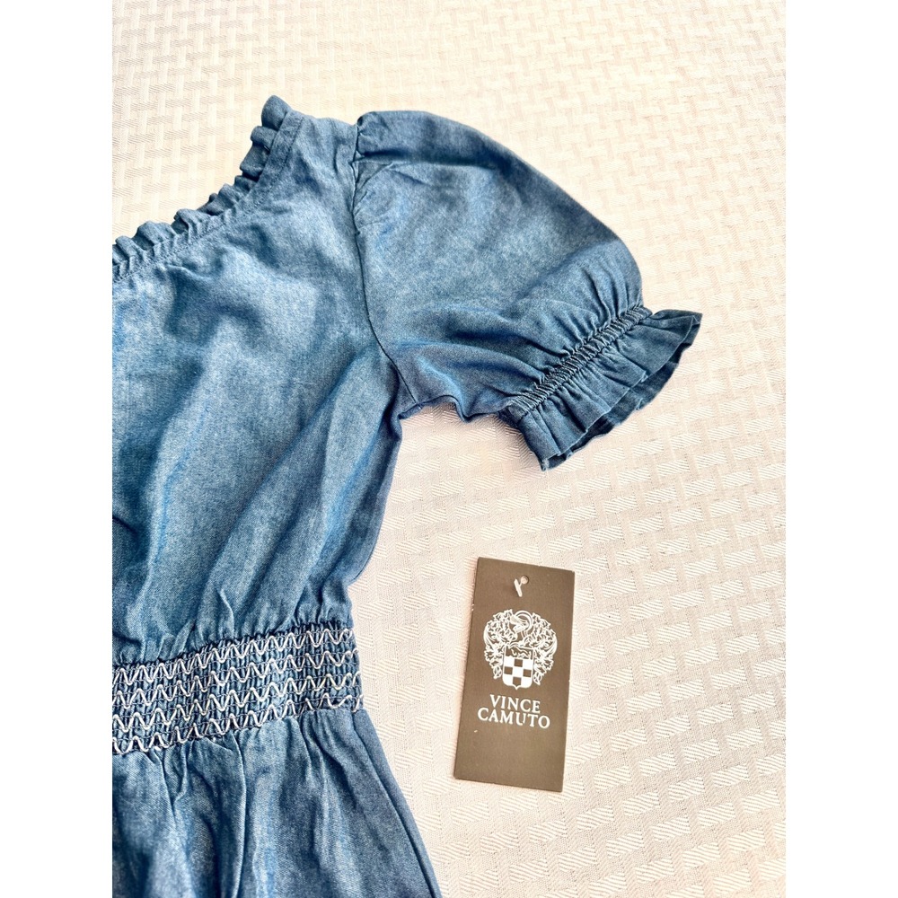 Vince Camuto‎ Girls Denim Romper One Shoulder Puff Sleeve Blue Chambray NWT 6X - Picture 8 of 9
